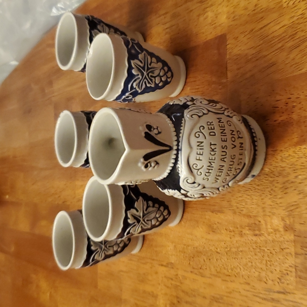 W. Germany Vintage Salt Glaze Pitcher & Cups Blue & Gray